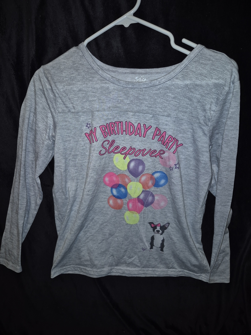 Justice Gray Long Sleeve Top with Colorful Balloon Birthday Graphic
